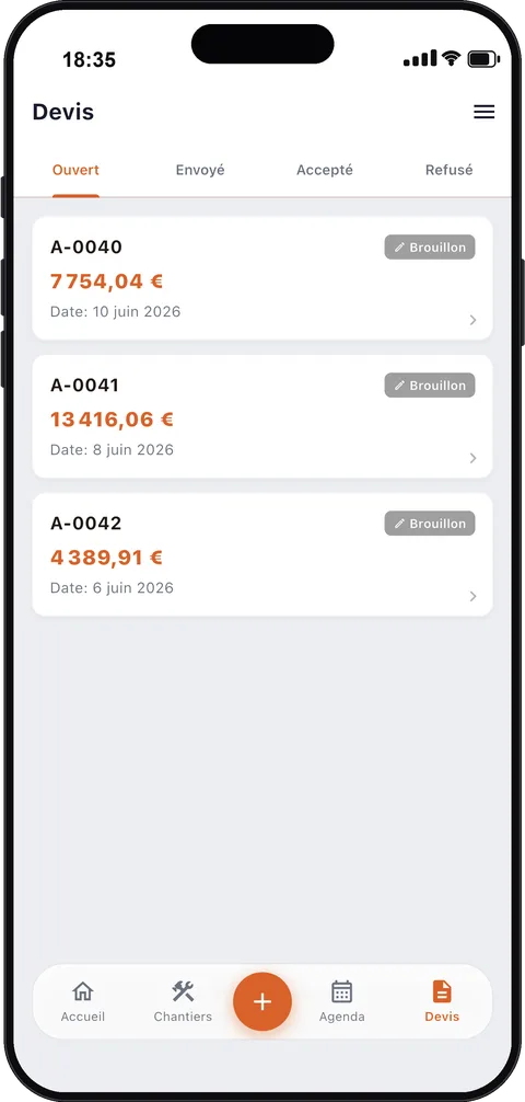Devis PDF dans l'application pour artisans
